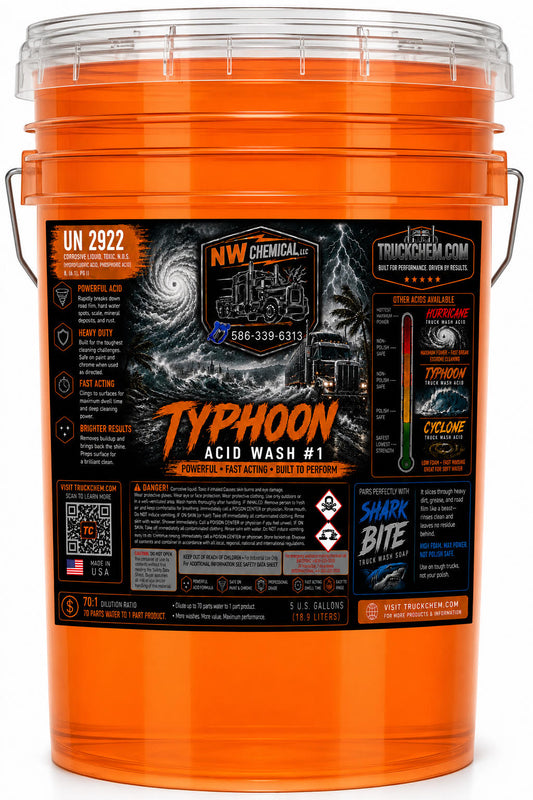 Orange bucket with Typhoon Acid Wash #1 label on a white background