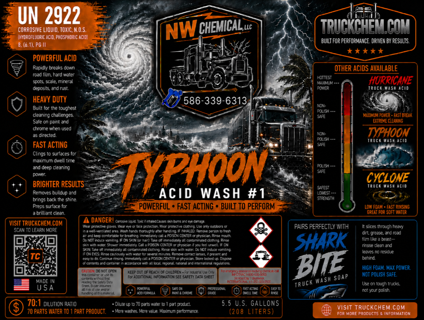 Promotional graphic for NW Chemical's Typhoon Acid Wash #1 with truck and storm design.