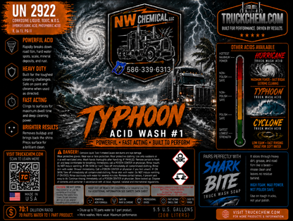 Promotional graphic for NW Chemical's Typhoon Acid Wash #1 with truck and storm design.
